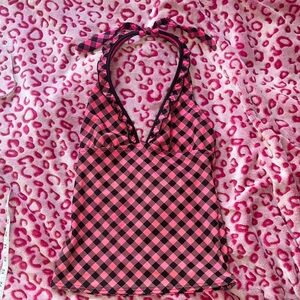 Y2K Pink and Black Checkered Halter Top